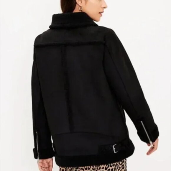 AnneTaylor LOFT Suede Sherpa Aviator Jacket, Black - Picture 3 of 4
